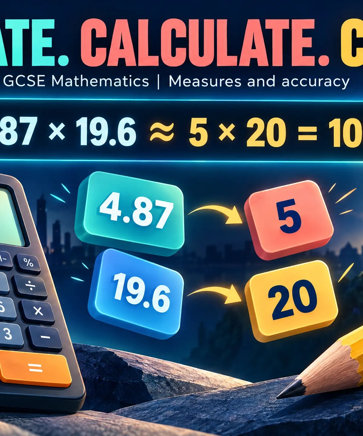 Estimate, calculate, check: 4.87 × 19.6 ≈ 5 × 20 = 100.