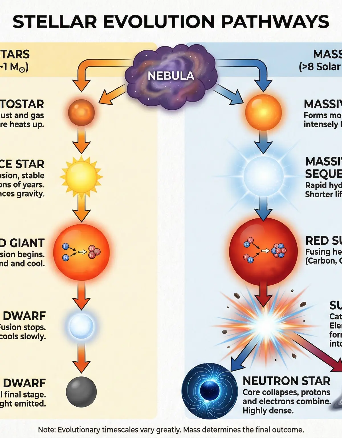 The life cycles of Sun-like and massive stars.