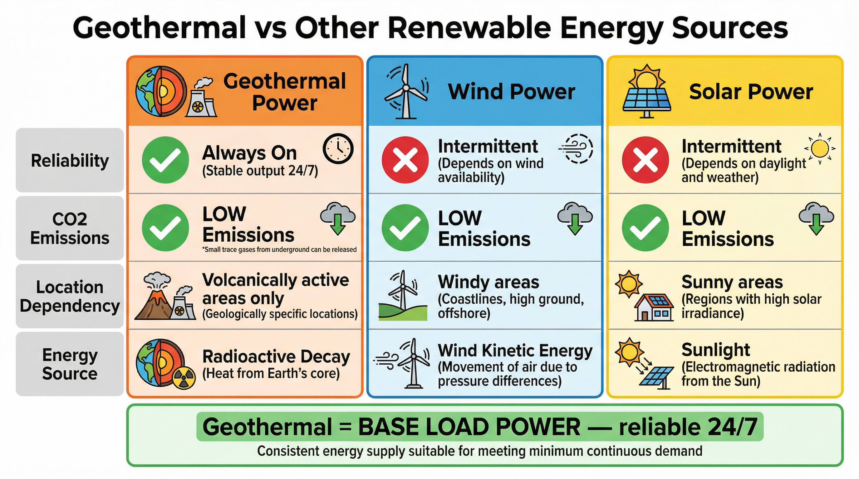 A comparison of the key features of geothermal, wind, and solar power.