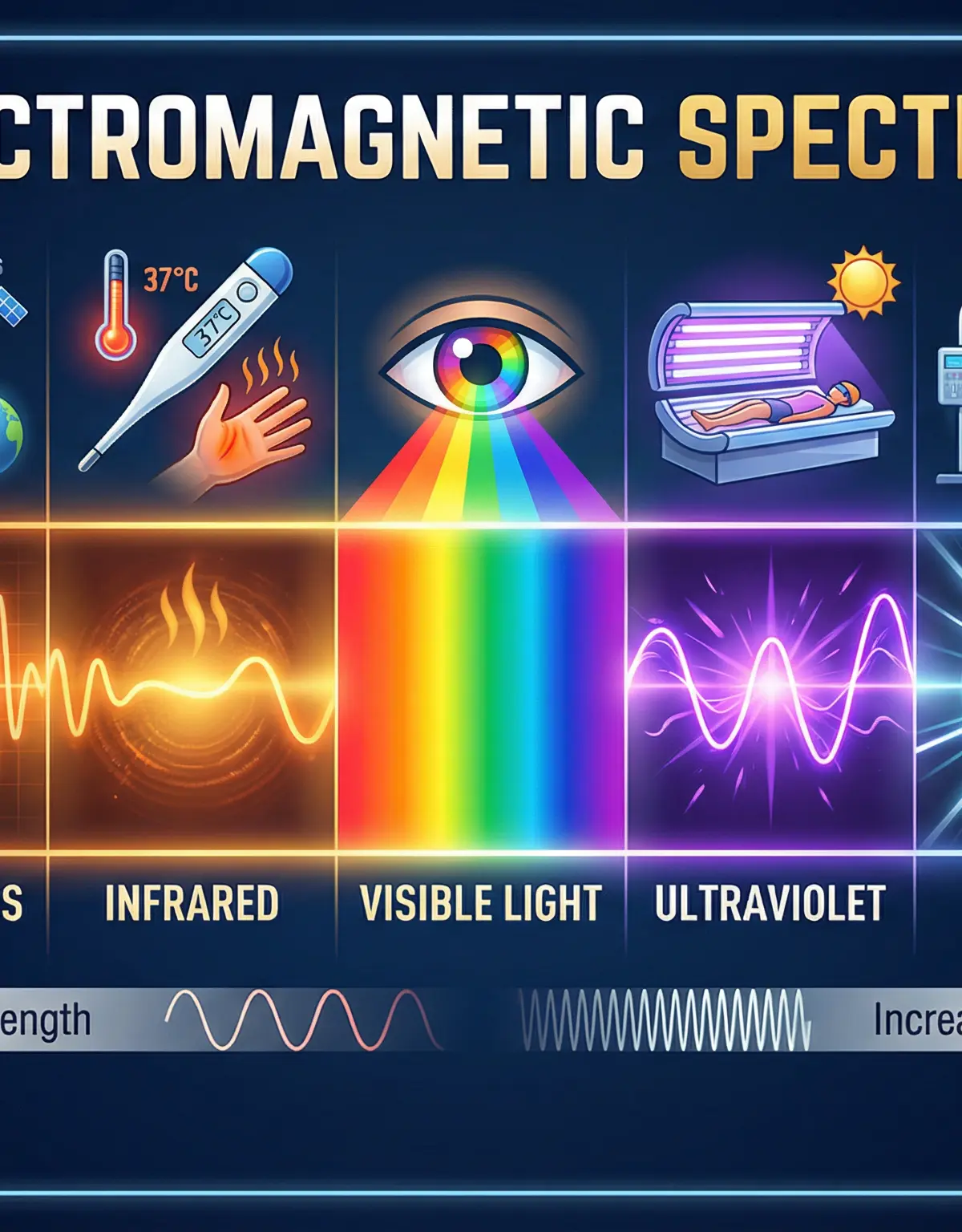 The Electromagnetic Spectrum: a visual guide to the seven types of EM waves, their properties, and applications.