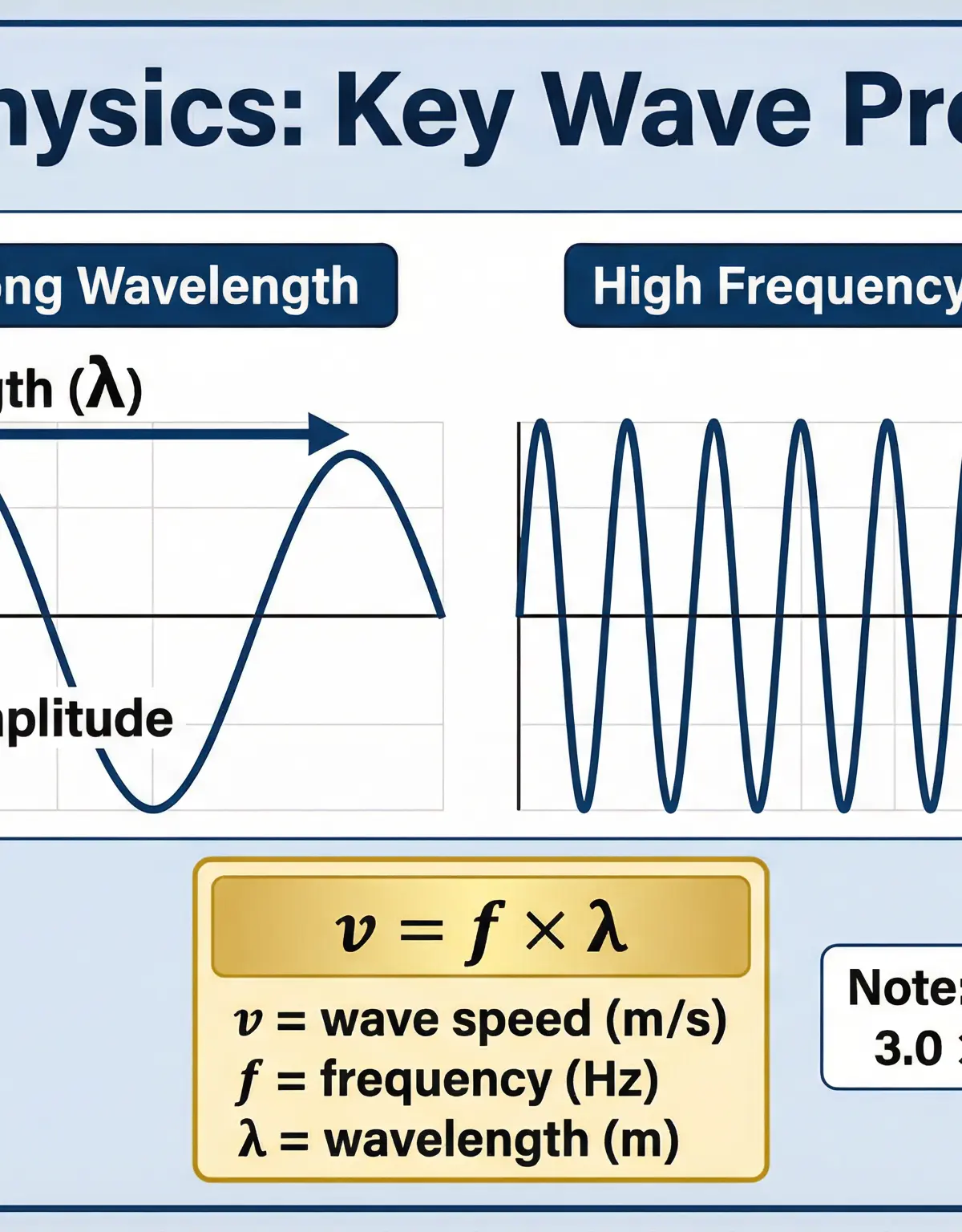 Key wave properties and the fundamental wave equation, v = f × λ.