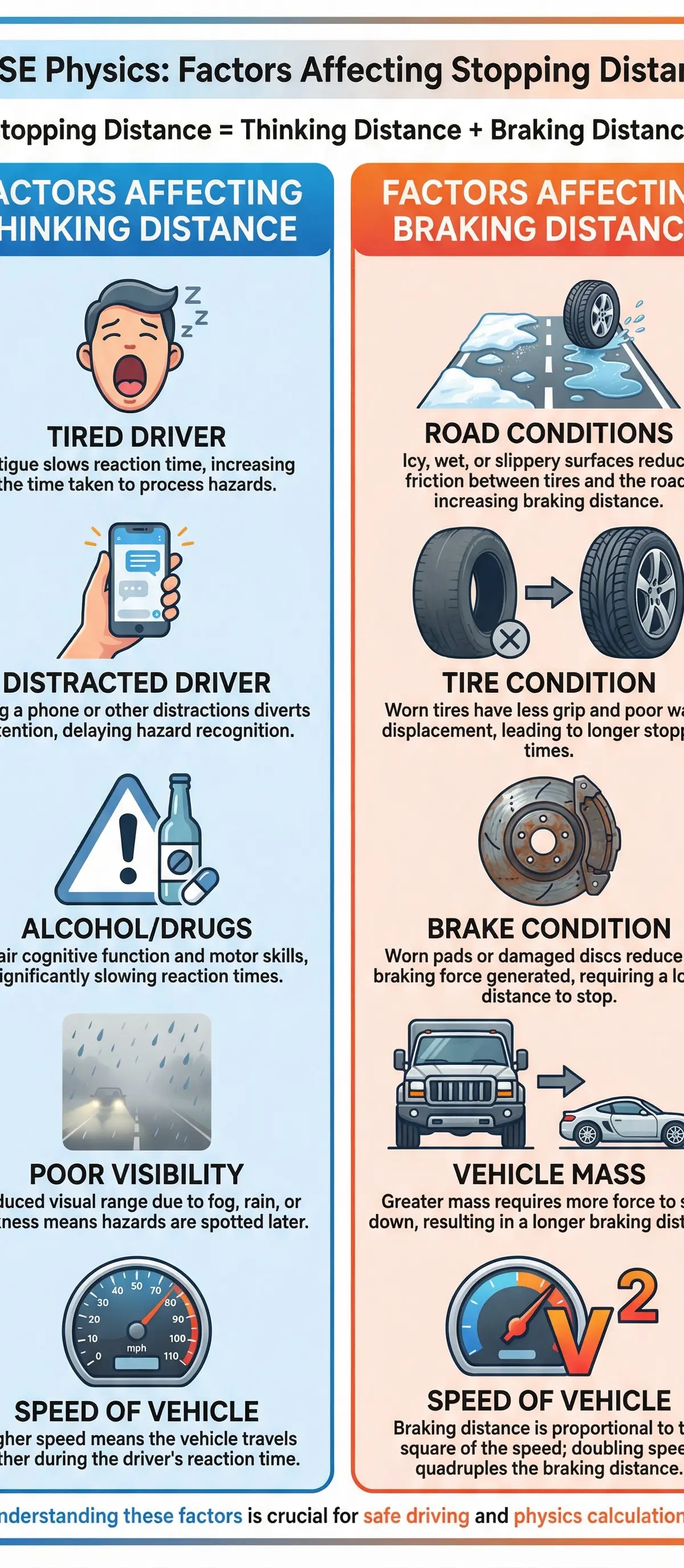 A summary of the factors affecting thinking and braking distance.