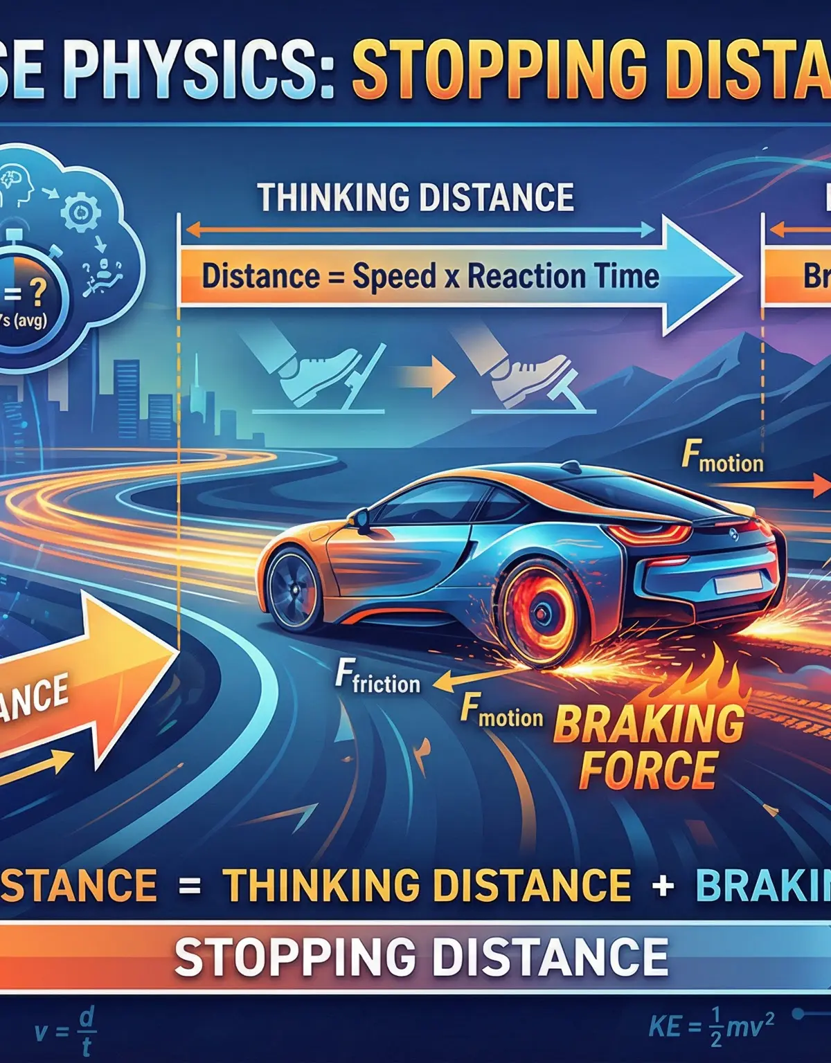 A visual summary of the key concepts in stopping distance.