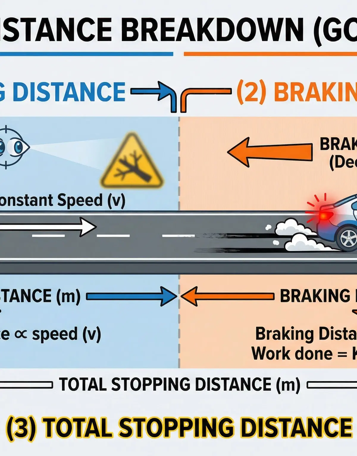 The breakdown of stopping distance into thinking and braking distance.