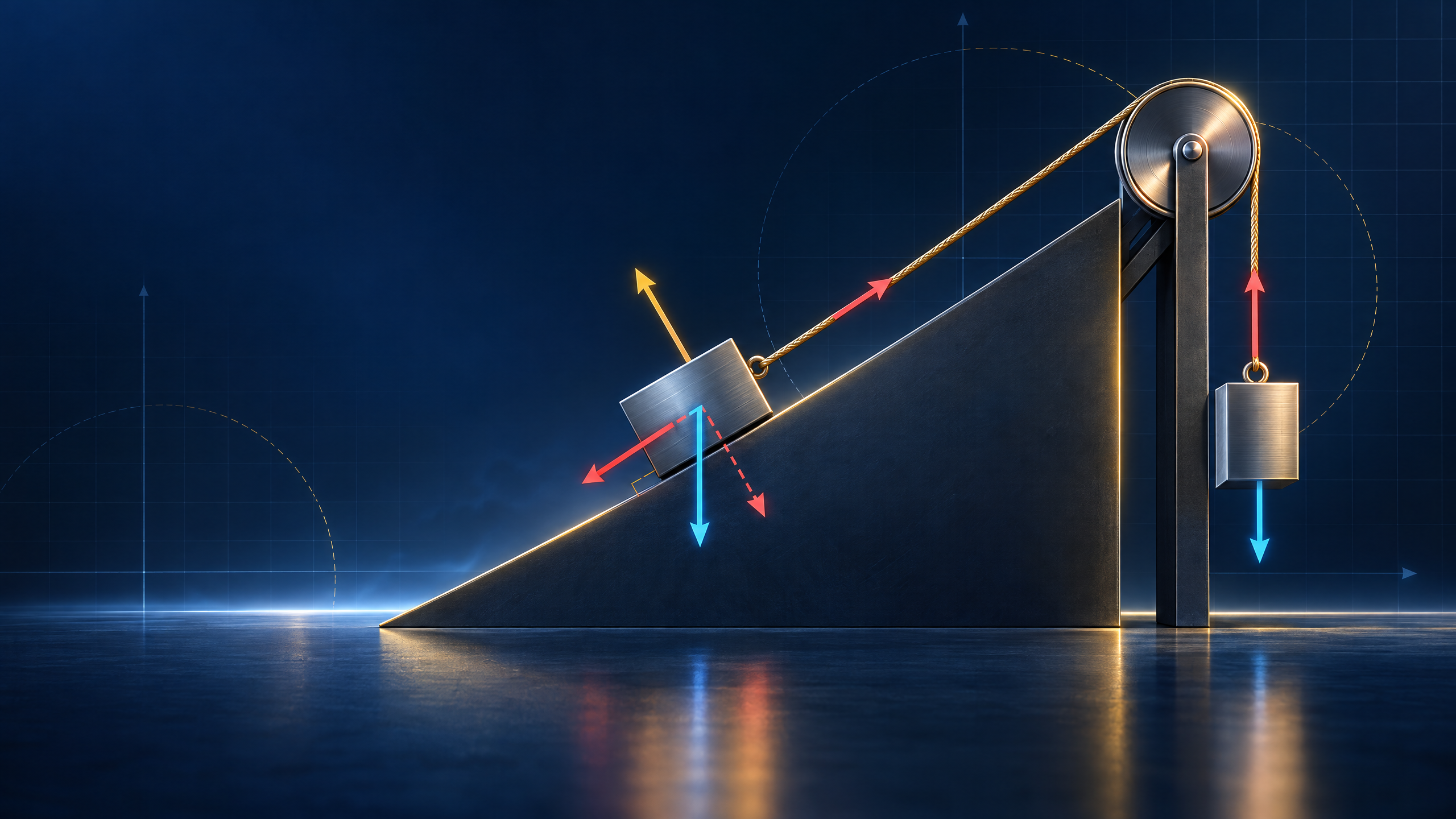 Newton’s laws, force resolution and a connected-particle system.