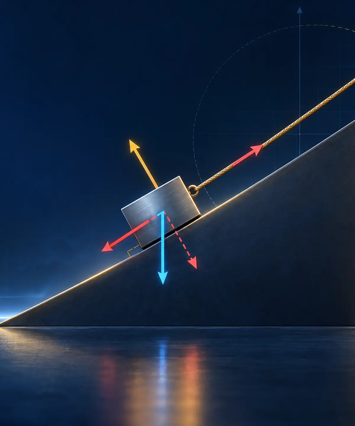 Newton’s laws, force resolution and a connected-particle system.