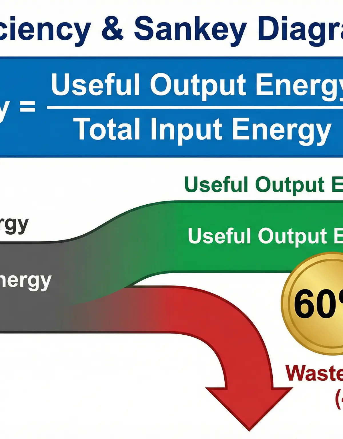 Efficiency is the ratio of useful output to total input, often visualised with a Sankey diagram.