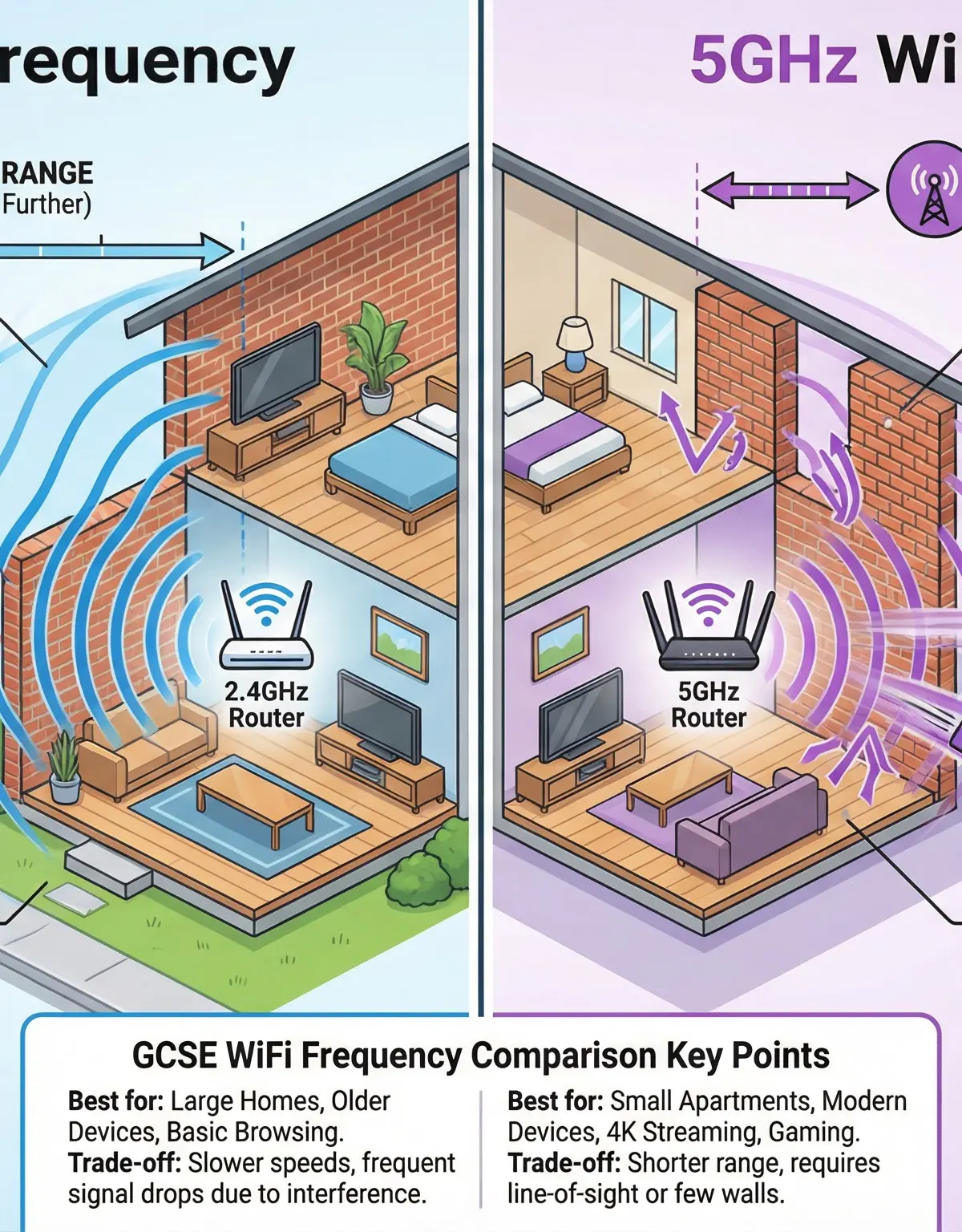 Comparison of 2.4GHz and 5GHz WiFi frequencies, showing the trade-off between range and speed.
