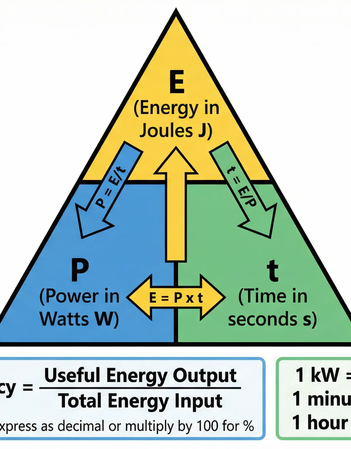 Key mathematical relationships for Power and Efficiency.