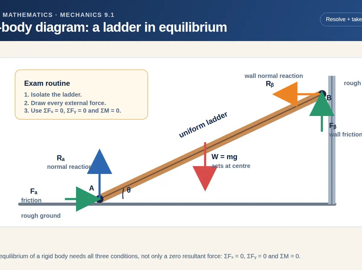 A rigid body in equilibrium requires zero resultant force and zero resultant moment.