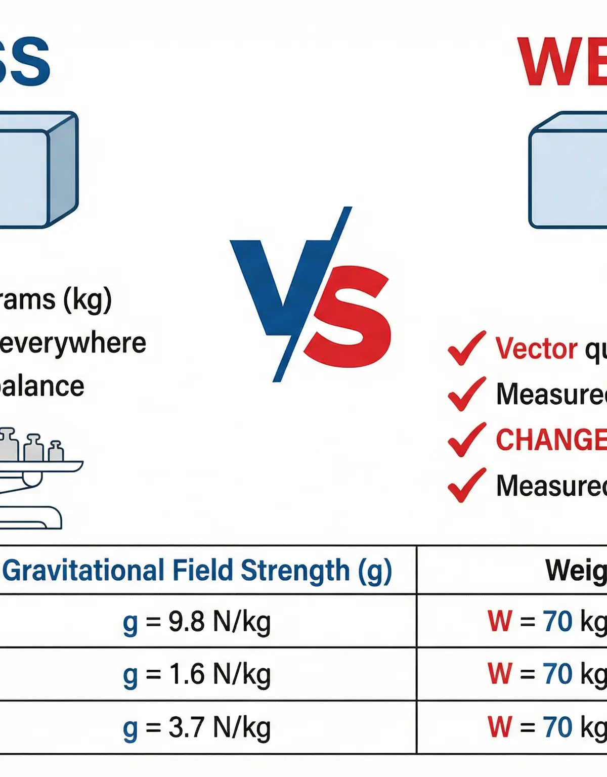 Comparison of Mass (scalar, constant) and Weight (vector, variable).
