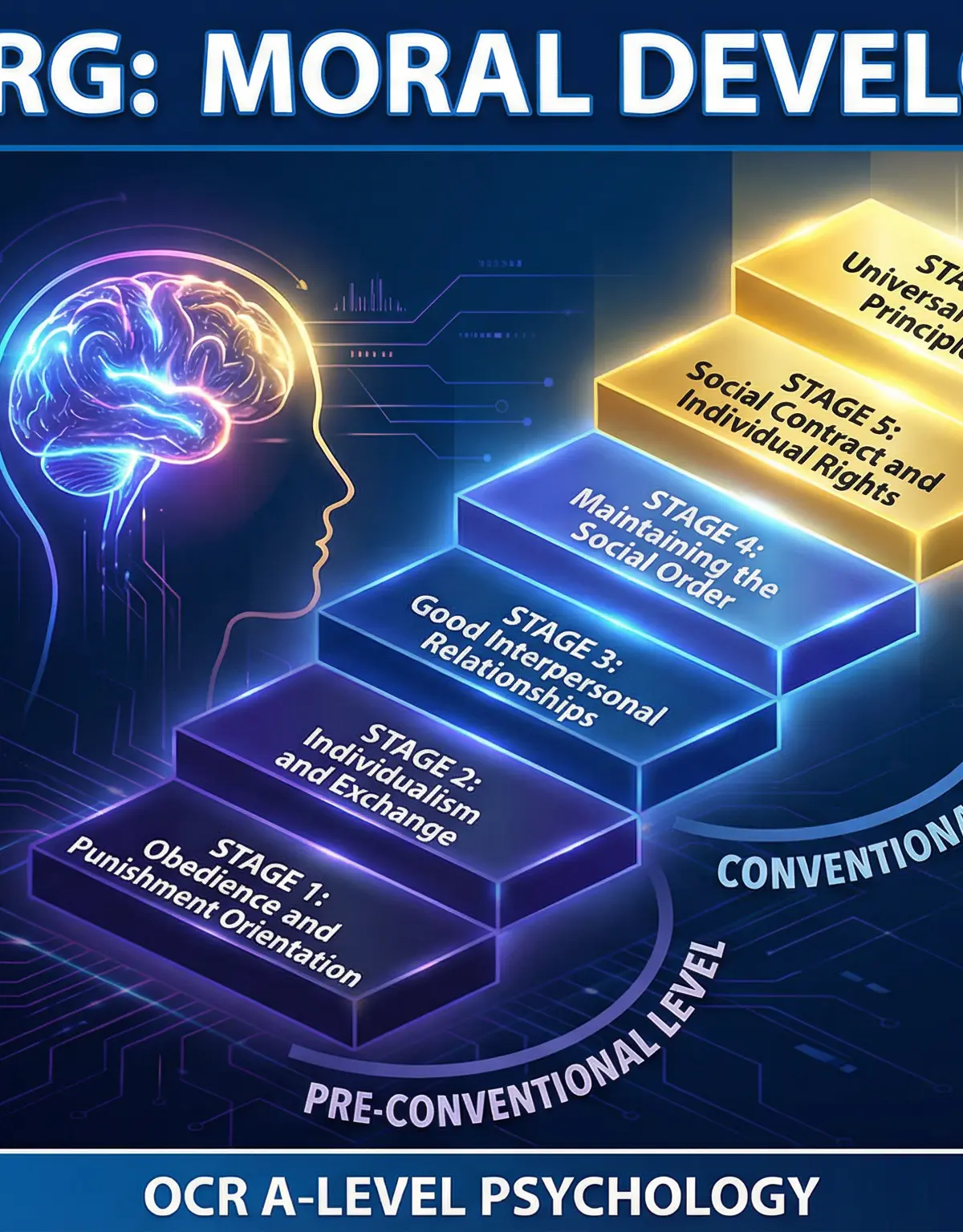 An overview of Kohlberg's theory, showing the progression through stages and levels.