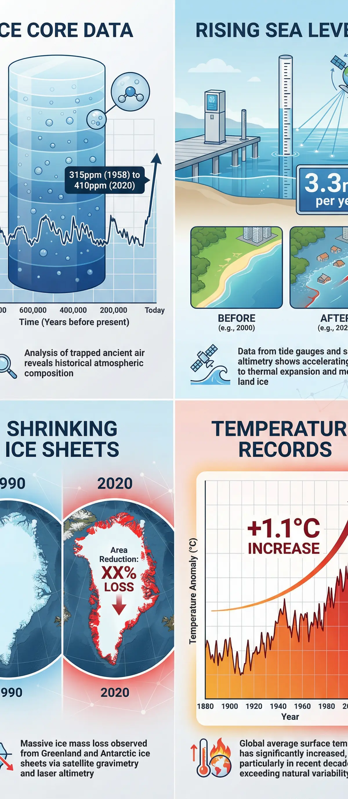 Key evidence for climate change: ice cores, sea levels, ice sheets, and temperature records.