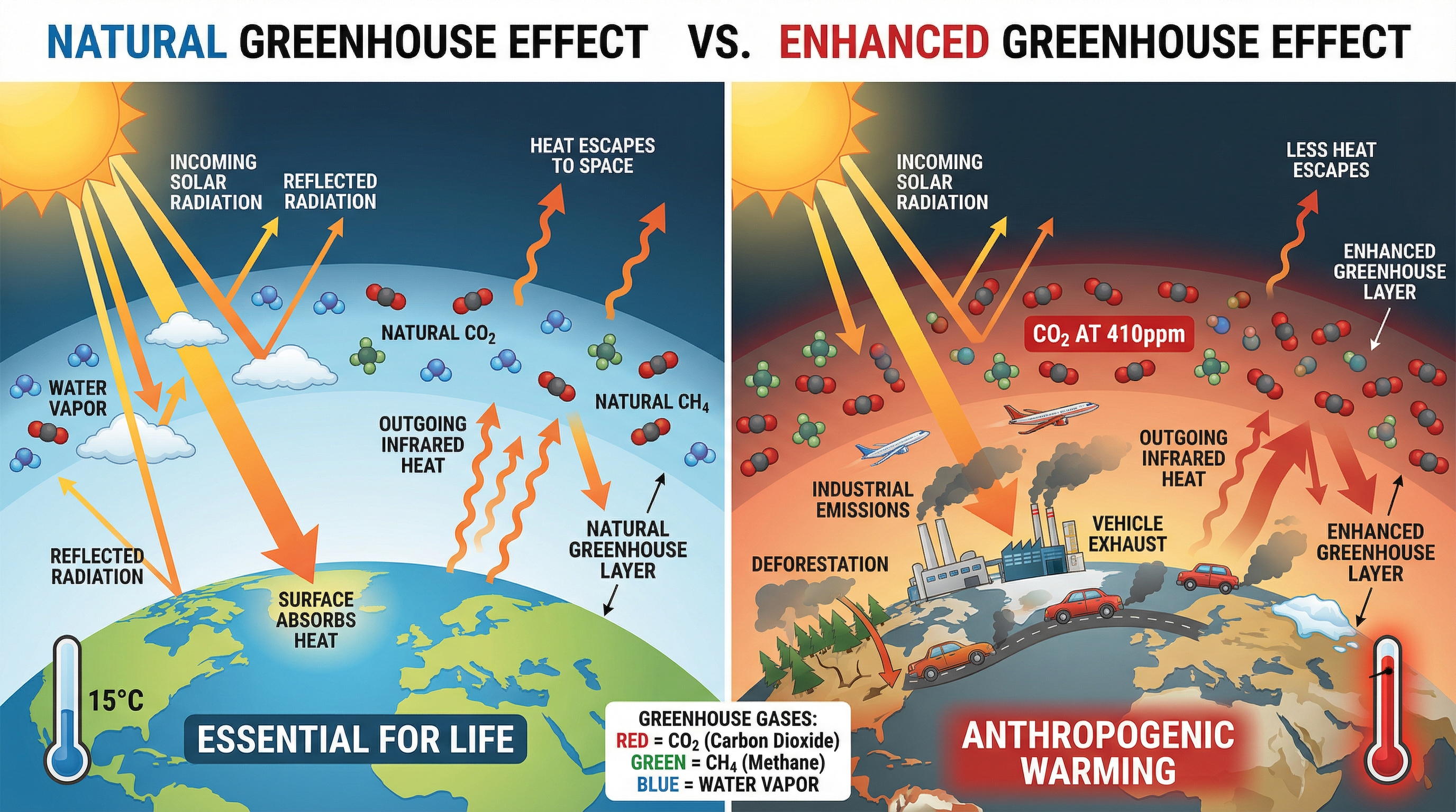 A comparison of the natural and enhanced greenhouse effects.