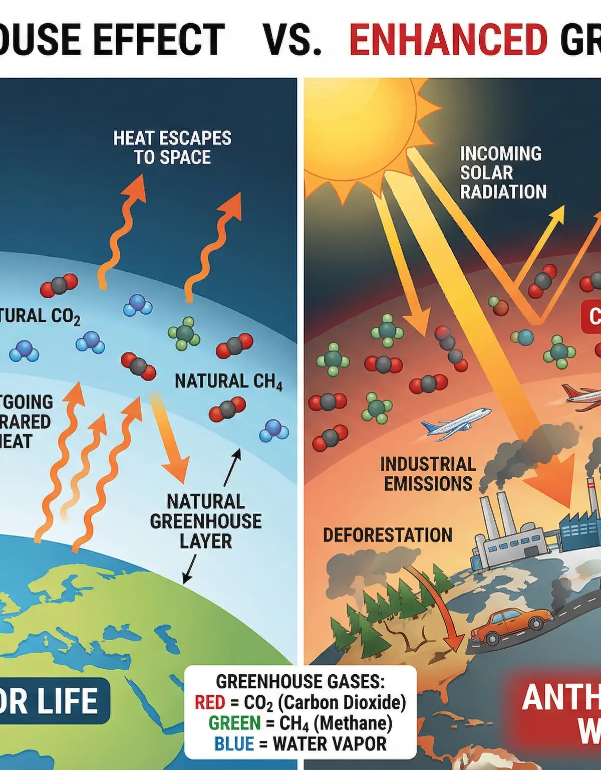A comparison of the natural and enhanced greenhouse effects.