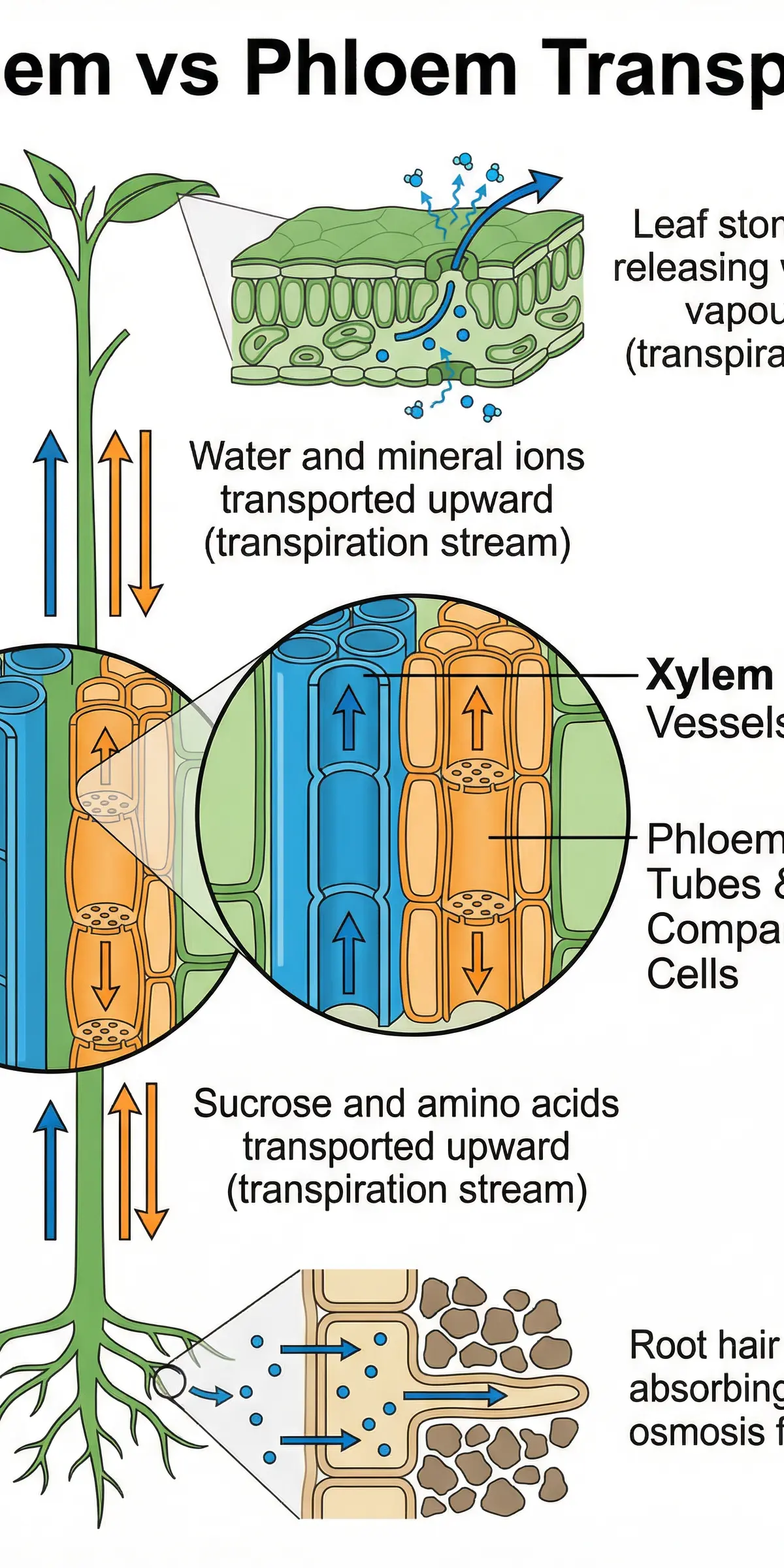 Xylem vs Phloem Transport in plants