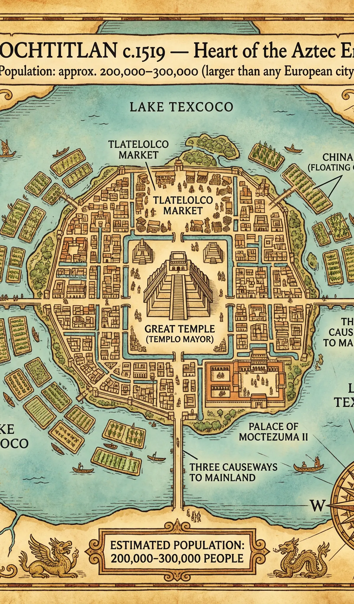 Tenochtitlan c.1519 — Heart of the Aztec Empire (population 200,000–300,000)