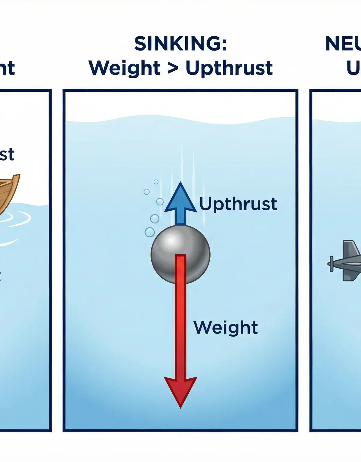 Comparison of forces for floating, sinking, and neutral buoyancy.
