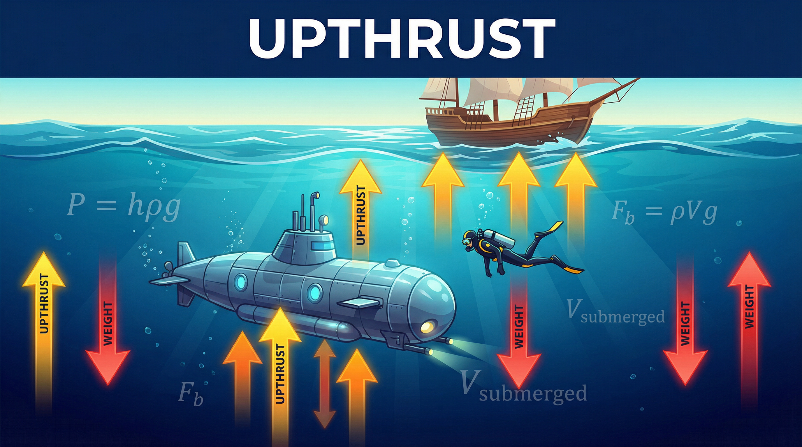 An illustration demonstrating upthrust and weight forces on various objects in water.