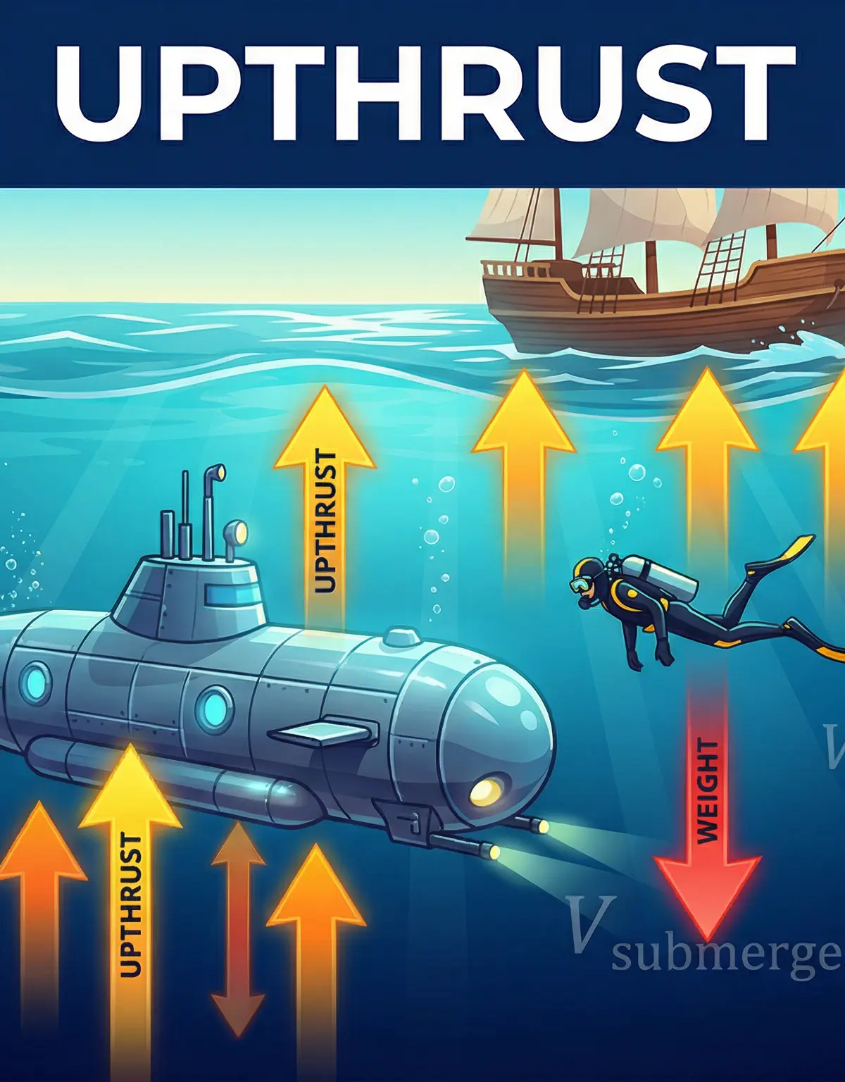 An illustration demonstrating upthrust and weight forces on various objects in water.