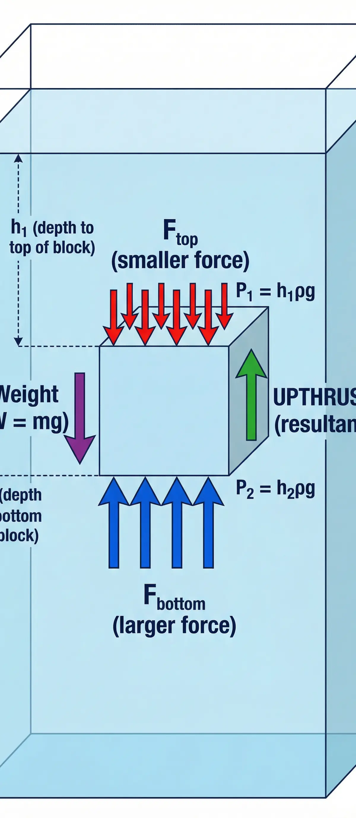 Diagram showing the origin of upthrust from the pressure difference with depth.
