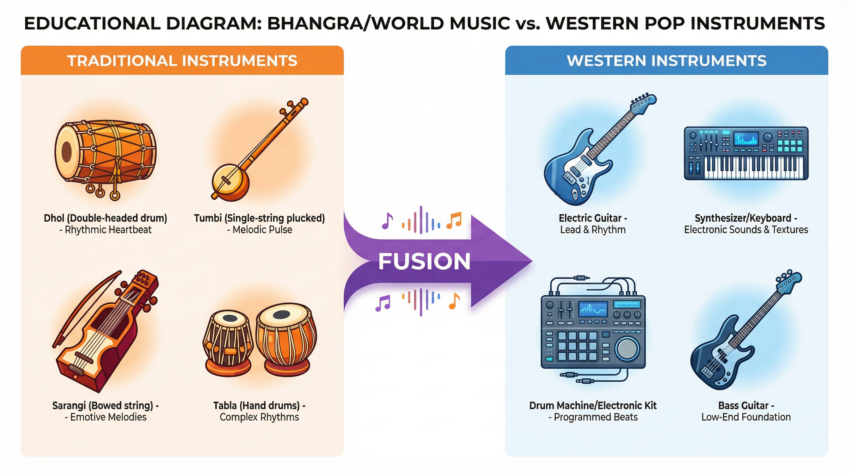Key Instruments: Traditional vs. Western.