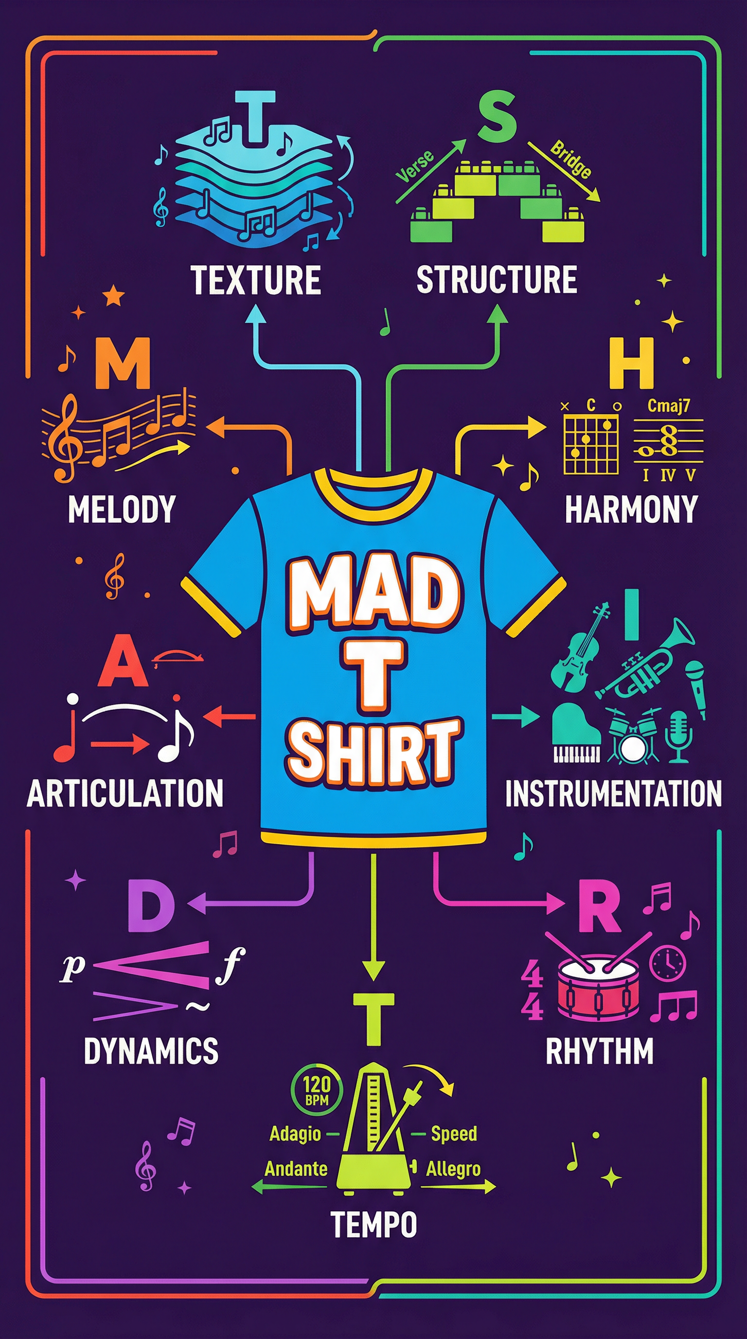 Use MAD T SHIRT for top marks in analysis.