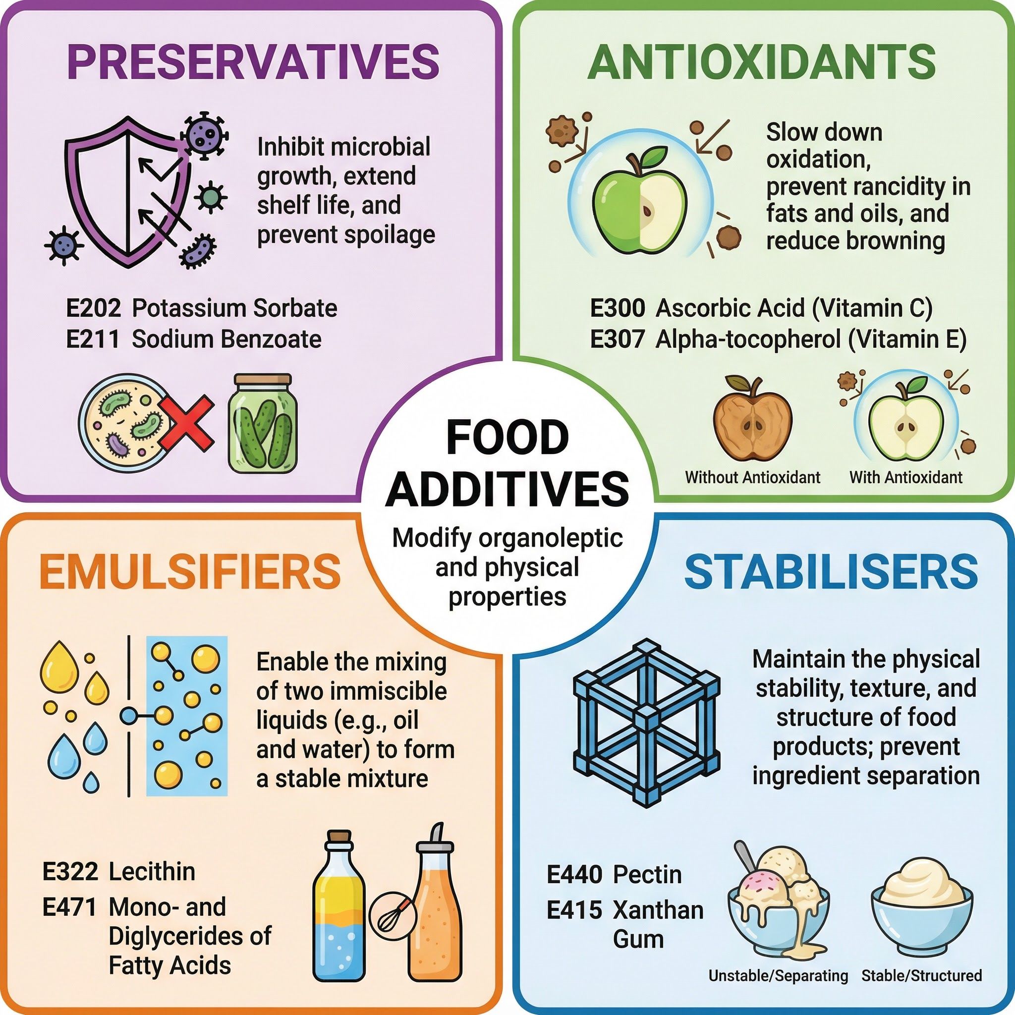 The four main groups of food additives and their functions.
