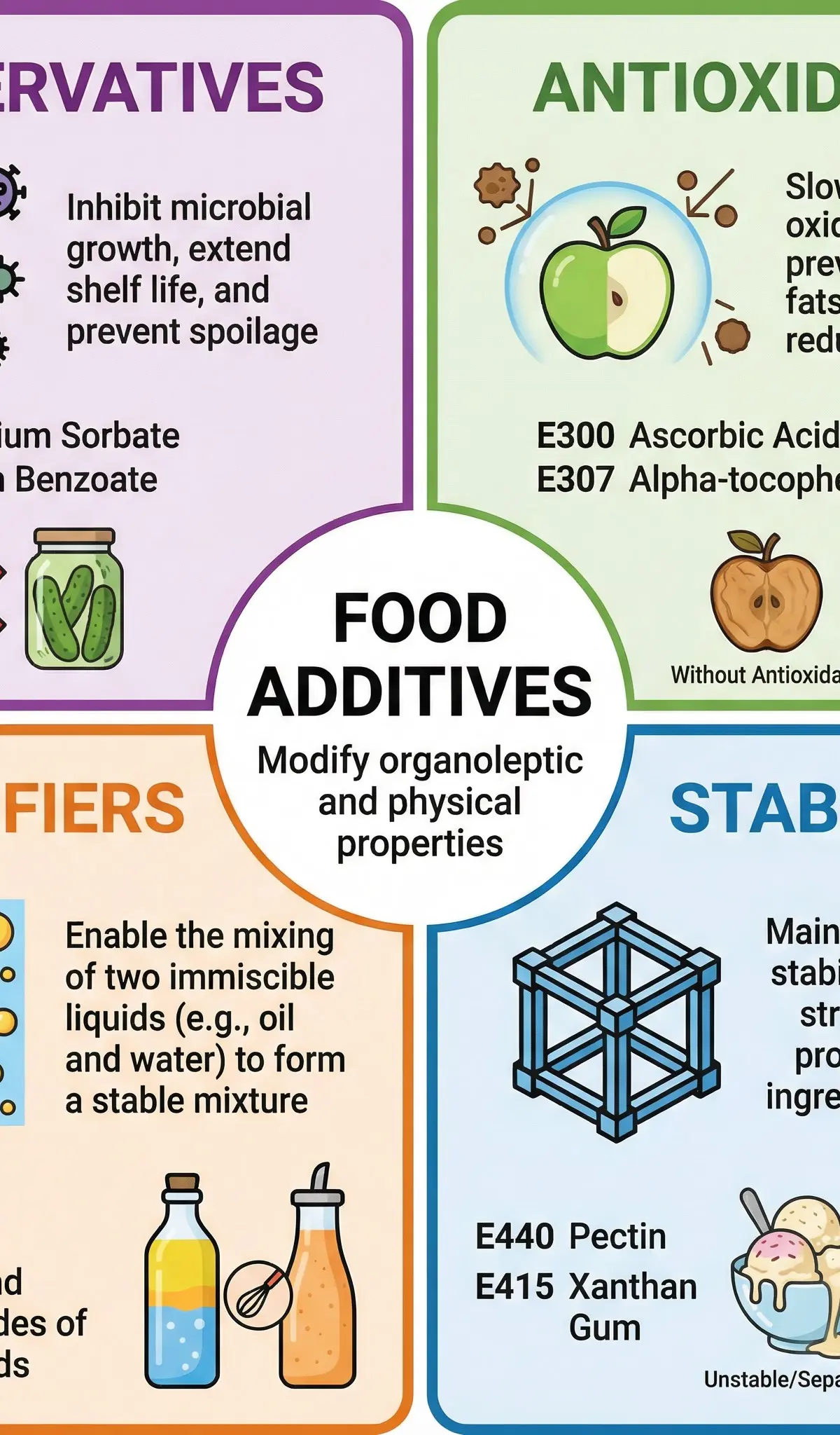 The four main groups of food additives and their functions.