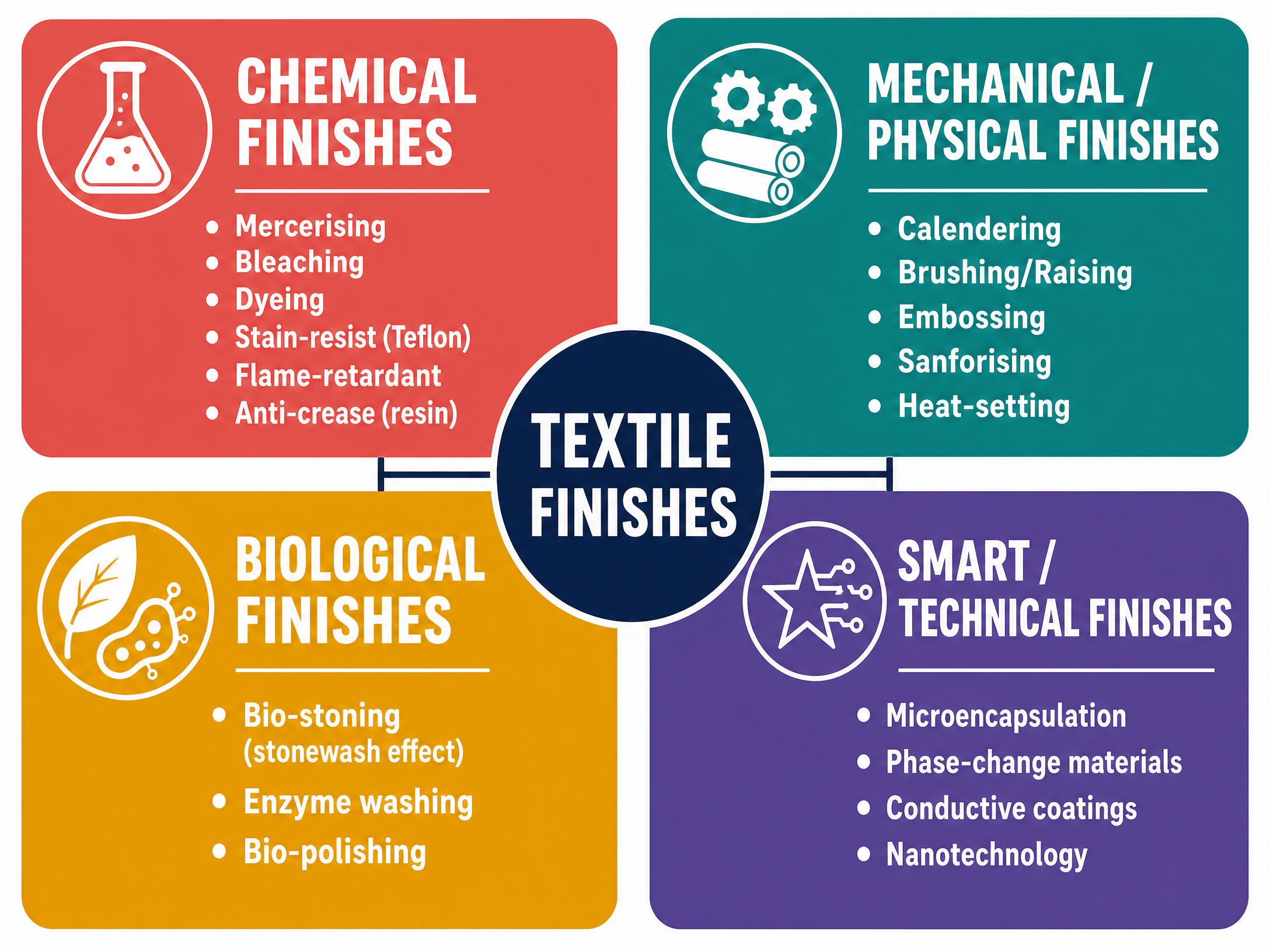 The four main categories of textile finishes
